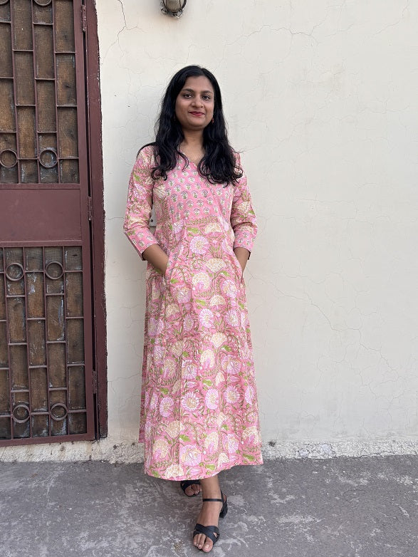 Nalini Hand Block Printed A Line Maxi Patch Dress