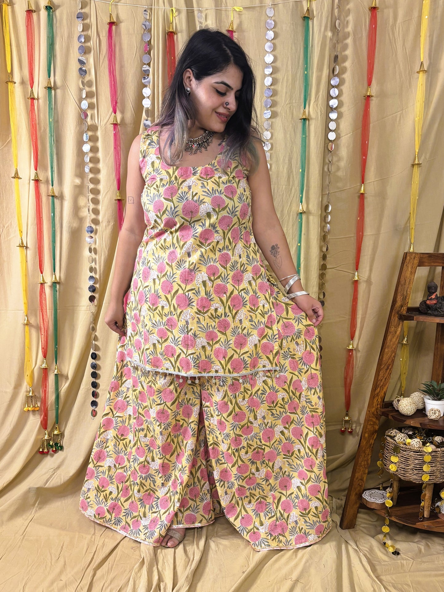 Basanti Short Kurti with Kali Pants Set with Corset Back