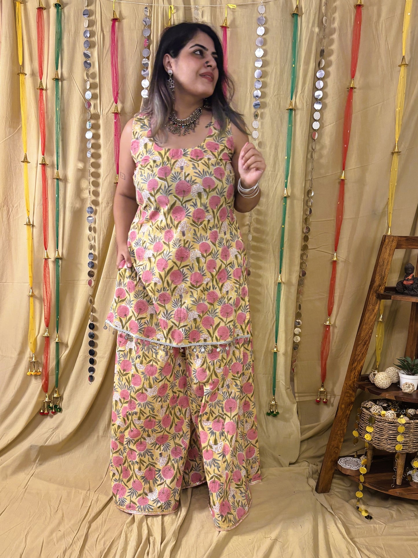 Basanti Short Kurti with Kali Pants Set with Corset Back