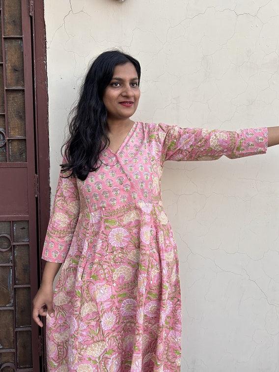 Nalini Hand Block Printed A Line Maxi Patch Dress