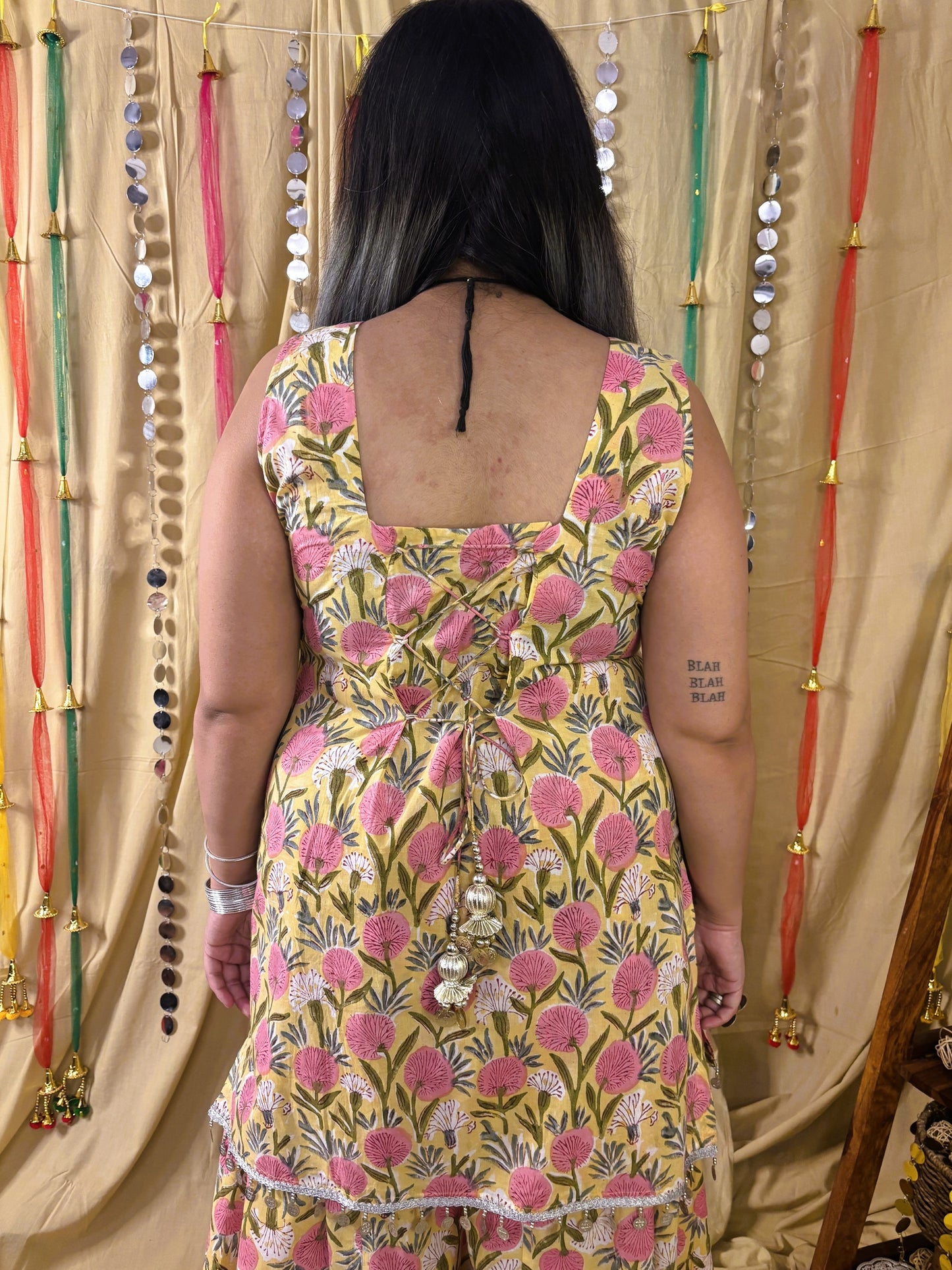 Basanti Short Kurti with Kali Pants Set with Corset Back