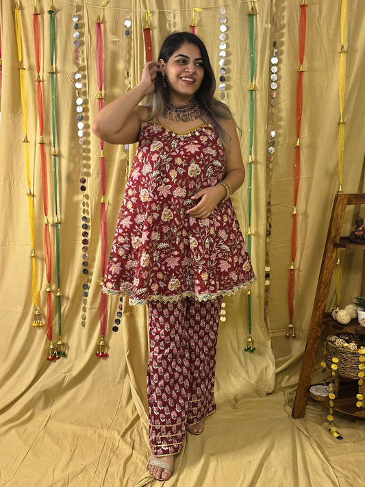 Gulaal Hand Block Printed Flared Top with Fit Flare Pants