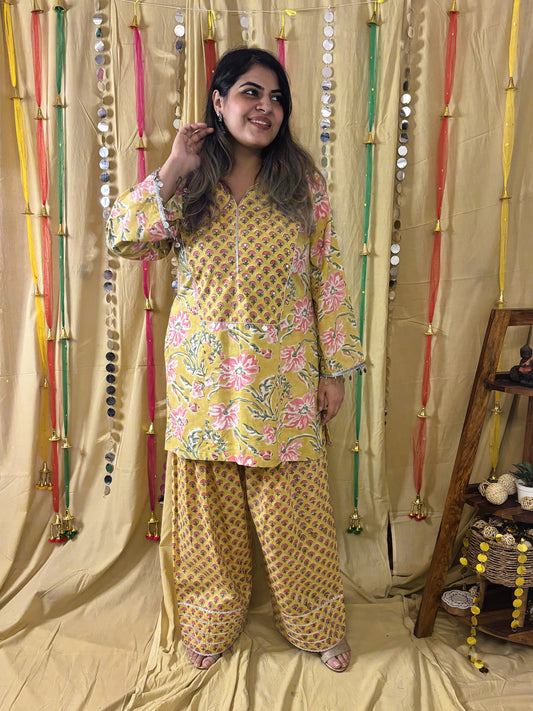 Feroza Hand Block Printed Short Kurti with Farshi Salwar