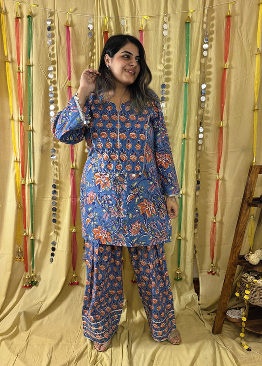 Anayra Hand Block Printed Short Kurti with Farshi Salwar