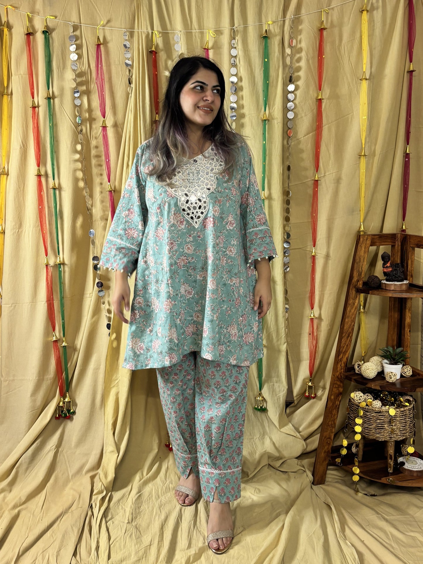 Aqsa Hand Block printed Choga Cut Short Kurti with Afghani Salwar
