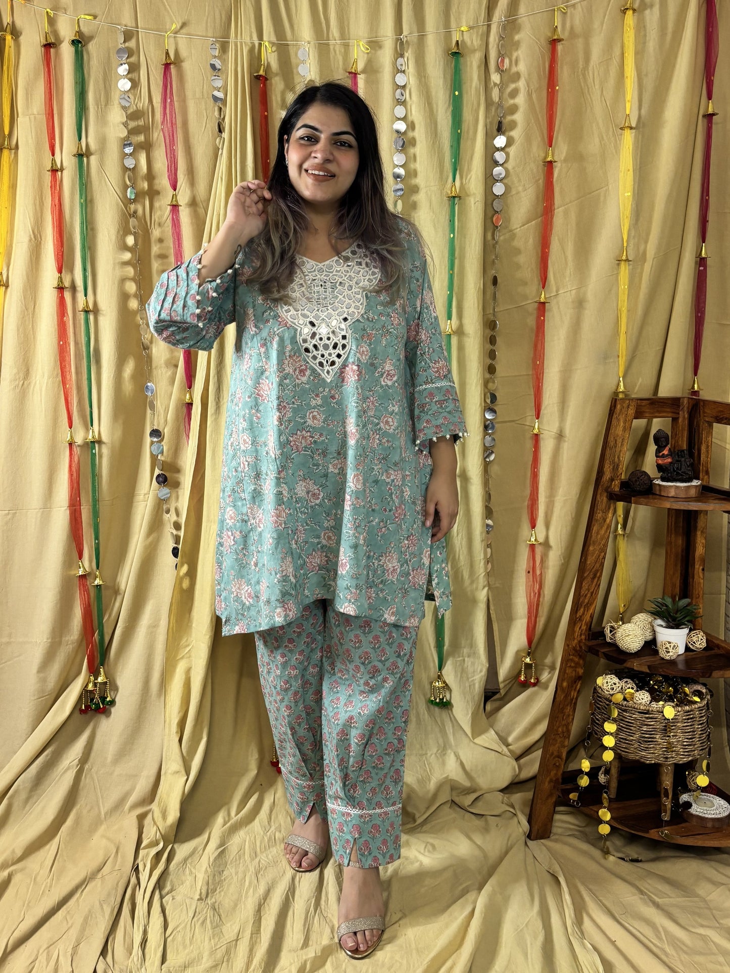 Aqsa Hand Block printed Choga Cut Short Kurti with Afghani Salwar