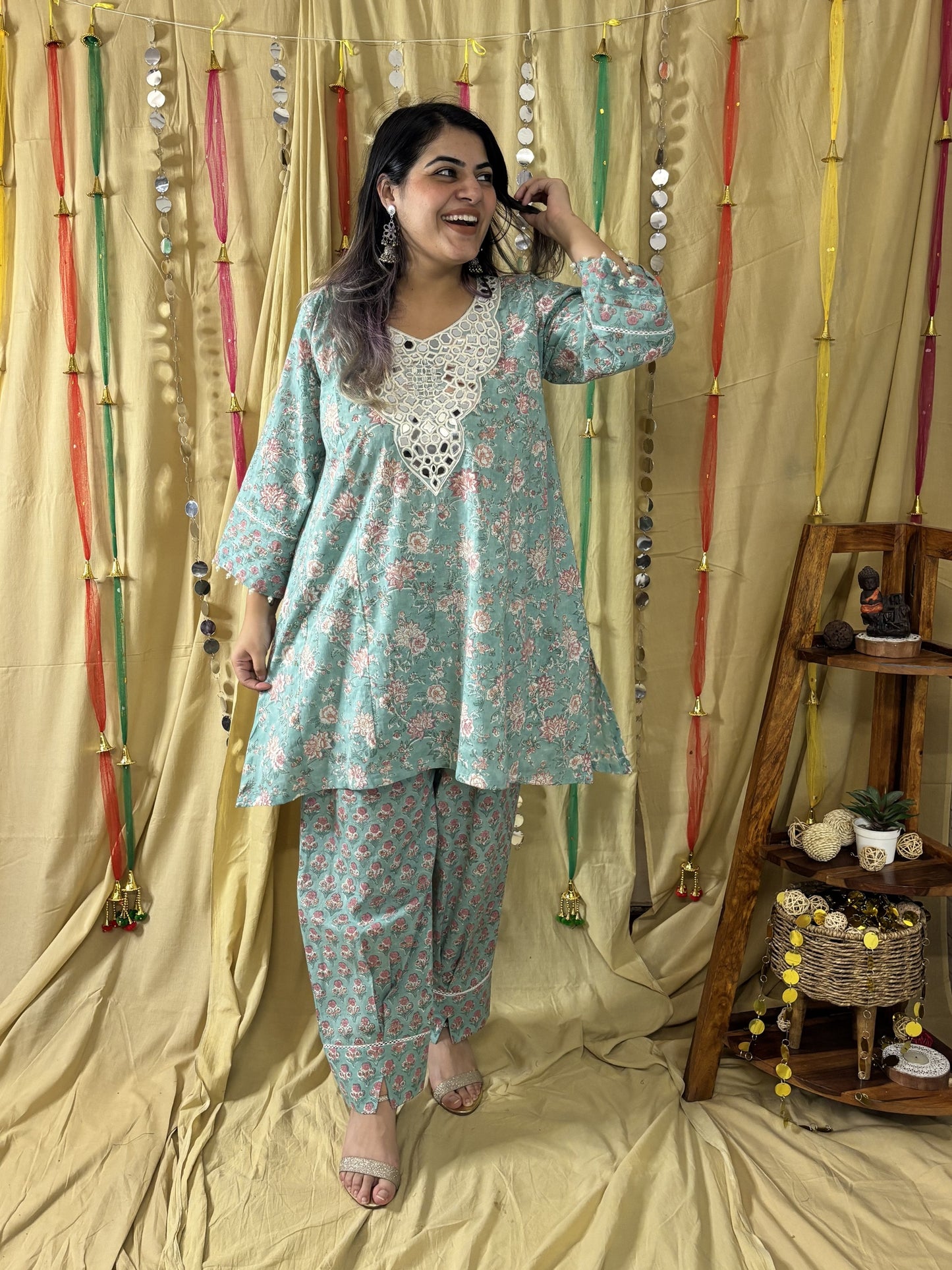 Aqsa Hand Block printed Choga Cut Short Kurti with Afghani Salwar