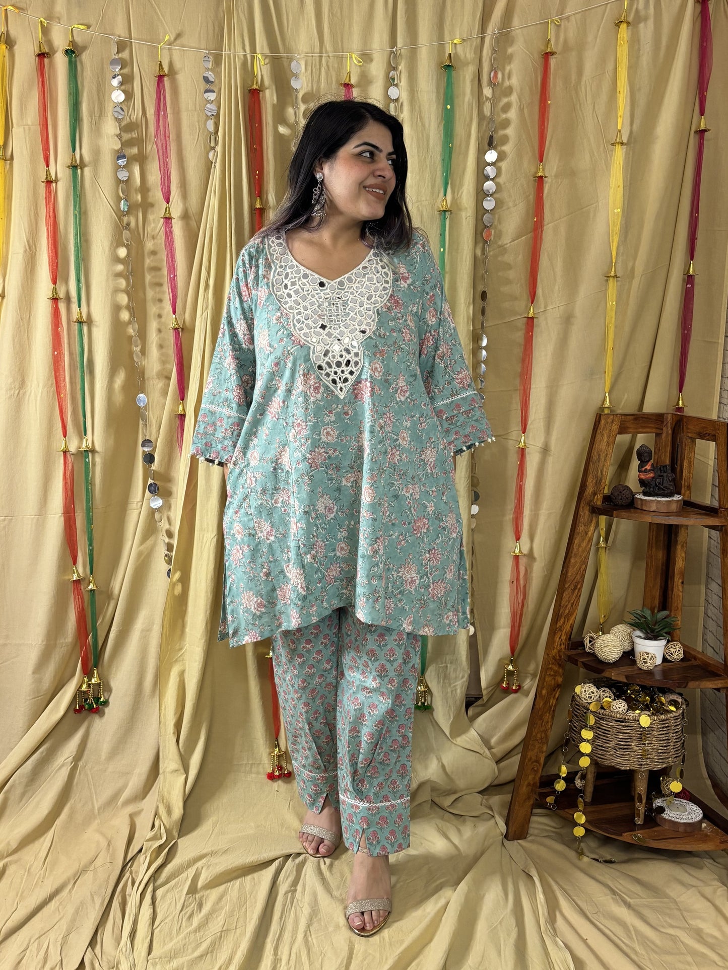 Aqsa Hand Block printed Choga Cut Short Kurti with Afghani Salwar