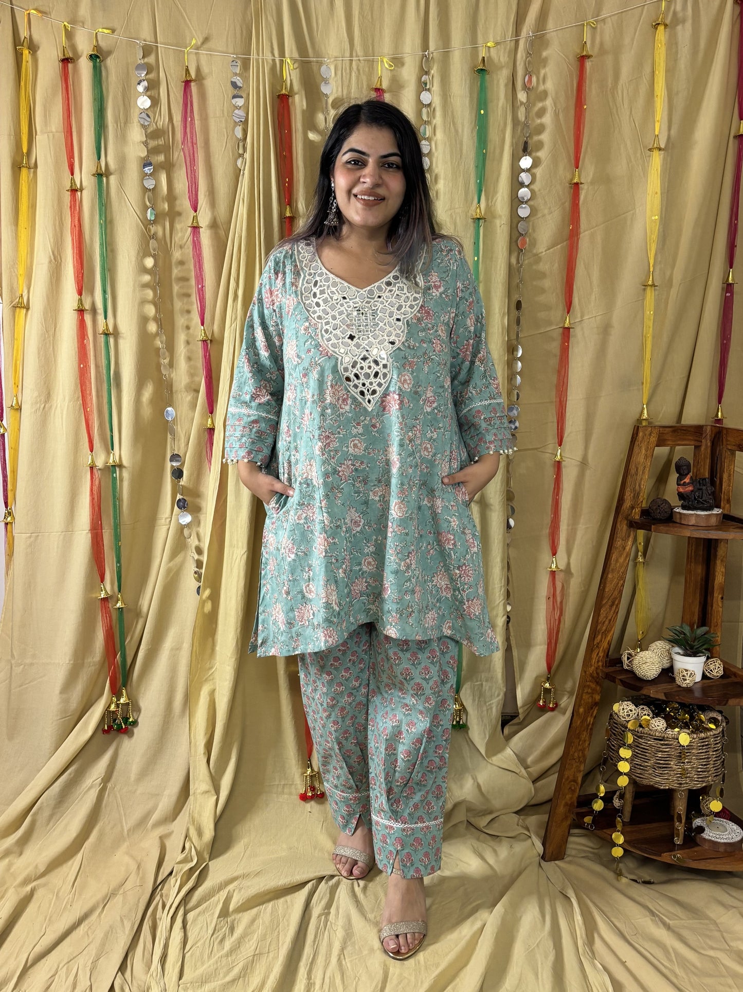 Aqsa Hand Block printed Choga Cut Short Kurti with Afghani Salwar