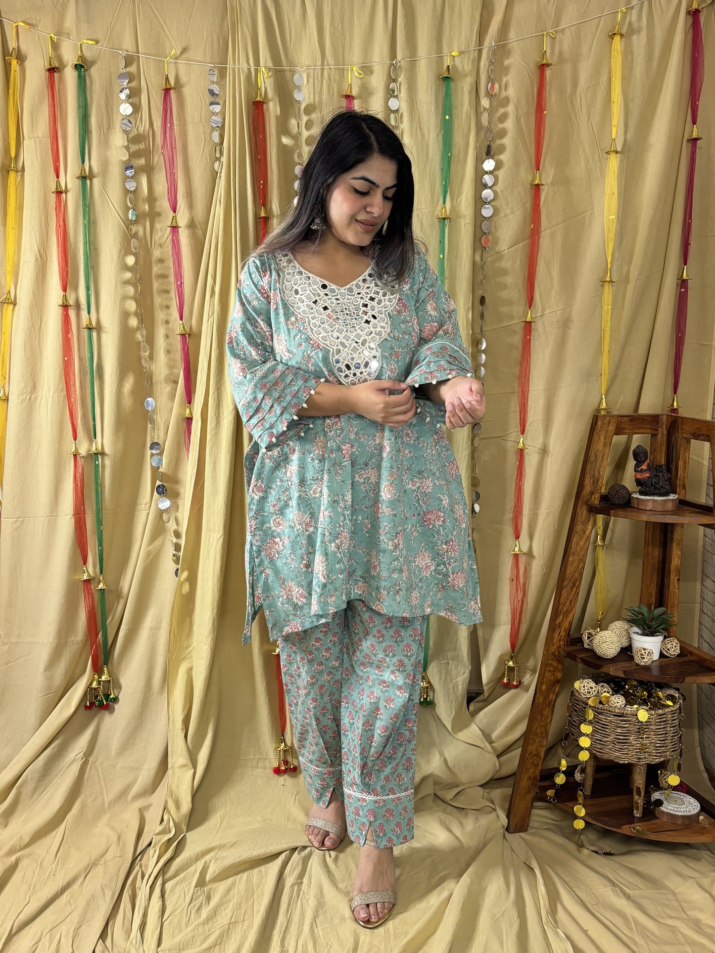 Aqsa Hand Block printed Choga Cut Short Kurti with Afghani Salwar