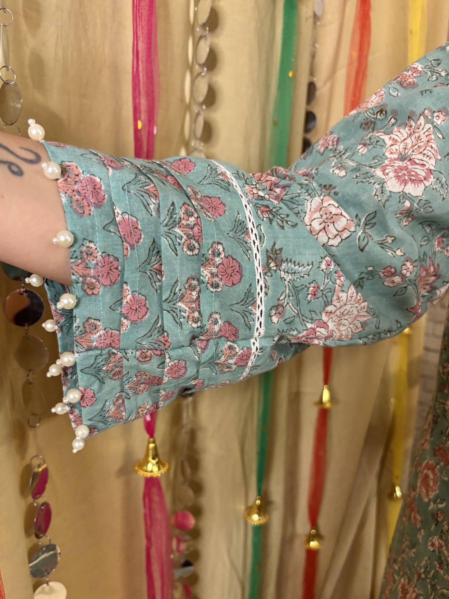 Aqsa Hand Block printed Choga Cut Short Kurti with Afghani Salwar