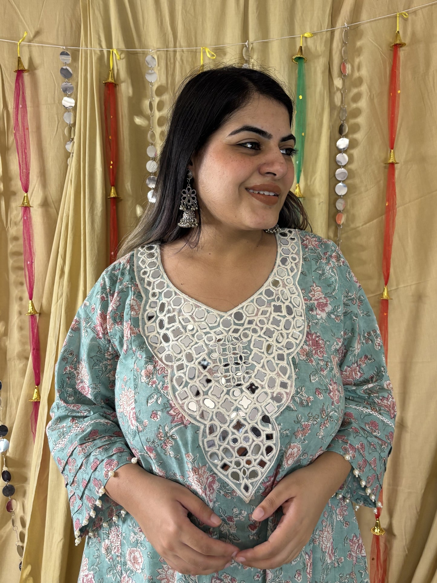 Aqsa Hand Block printed Choga Cut Short Kurti with Afghani Salwar