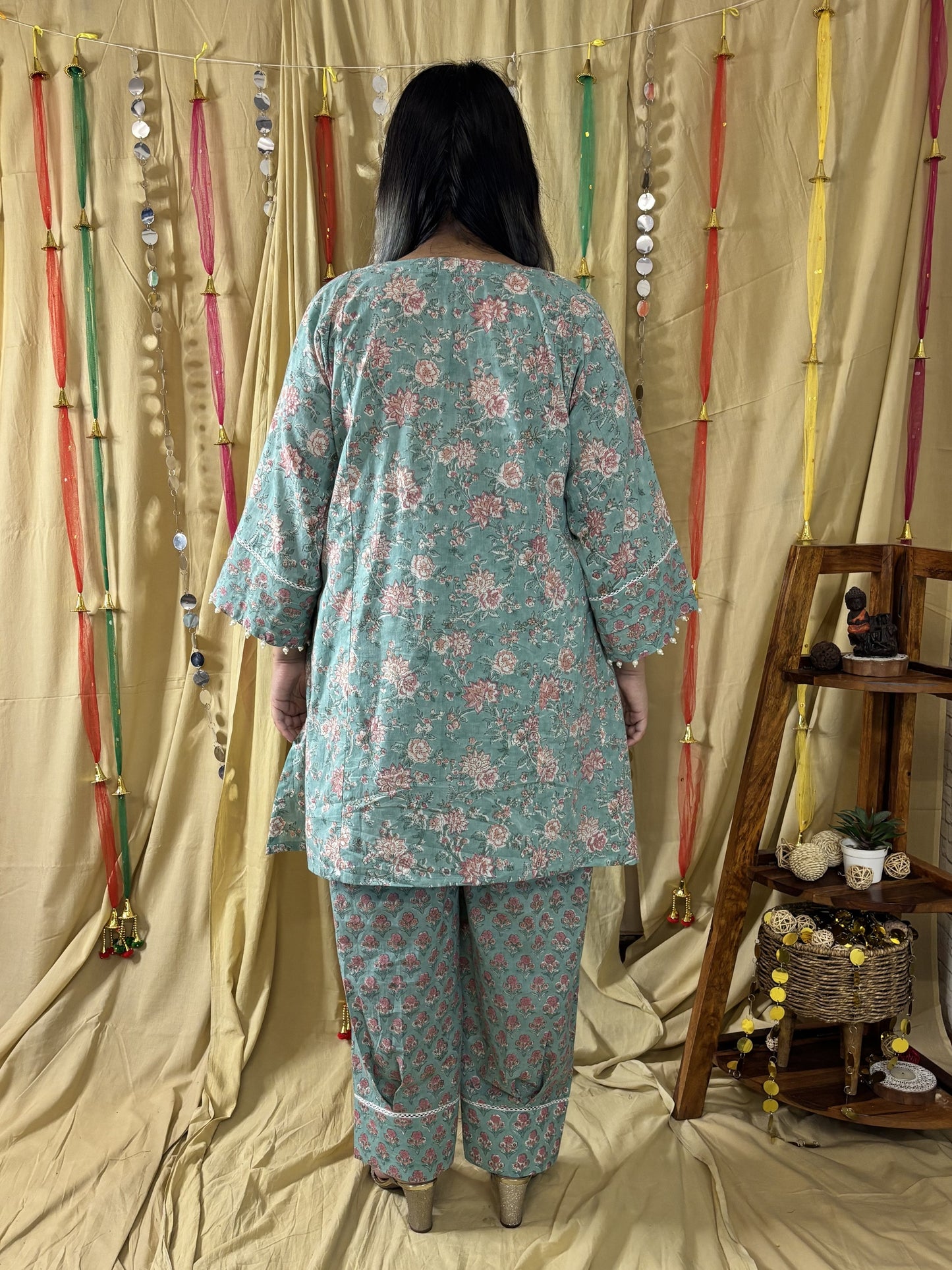 Aqsa Hand Block printed Choga Cut Short Kurti with Afghani Salwar