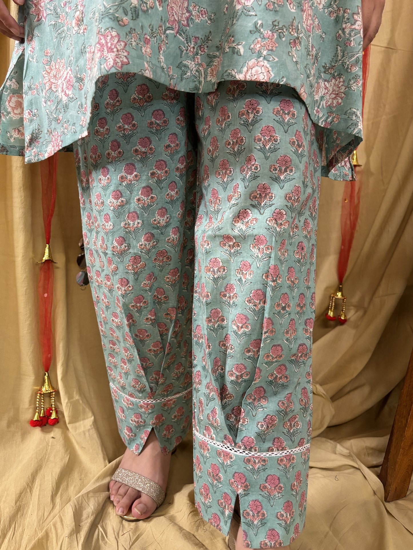 Aqsa Hand Block printed Choga Cut Short Kurti with Afghani Salwar