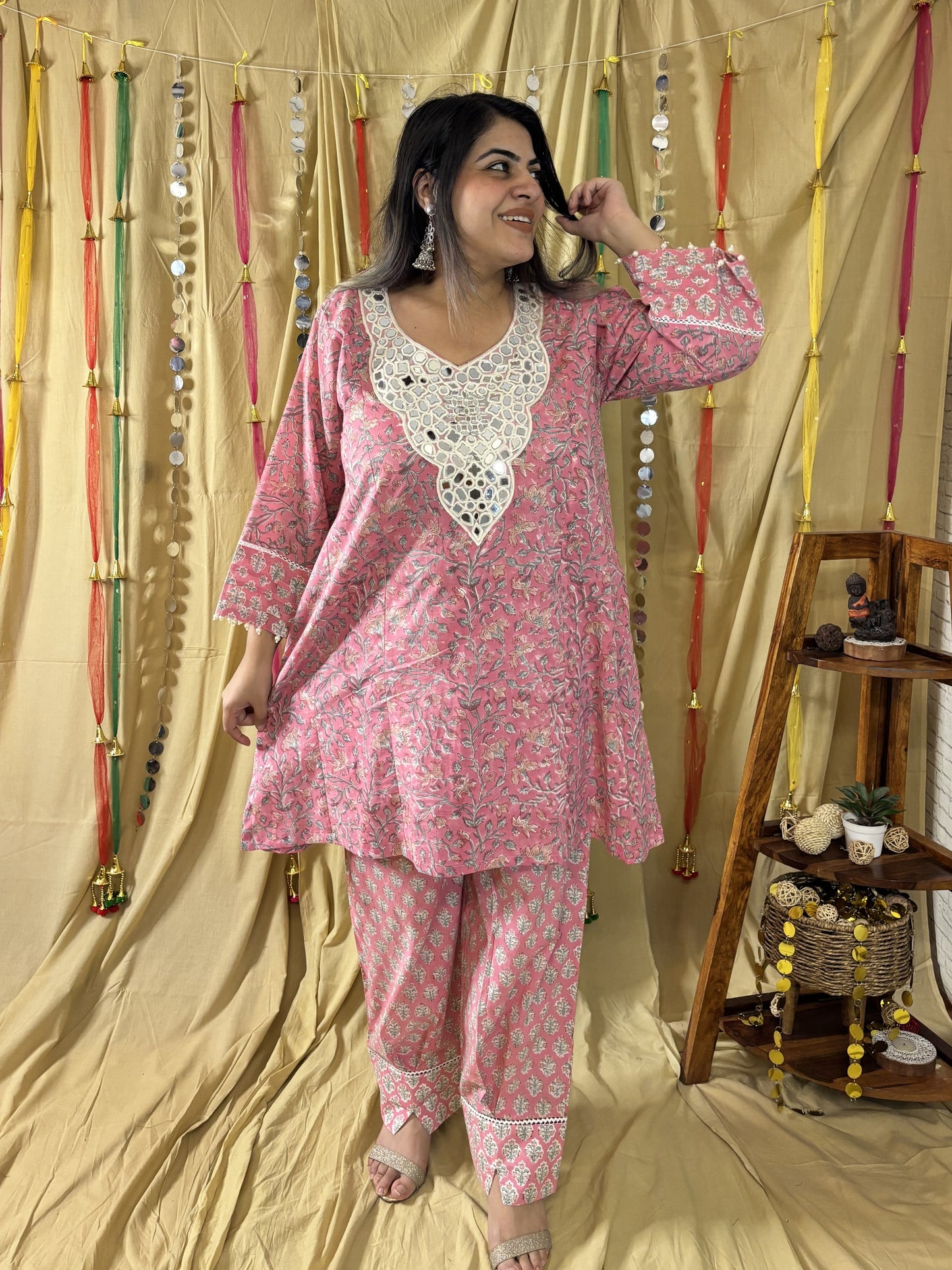 Pariza Hand Block printed Choga Cut Short Kurti with Afghani Salwar