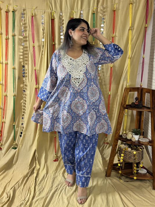 Falak Hand Block printed Choga Cut Short Kurti with Afghani Salwar