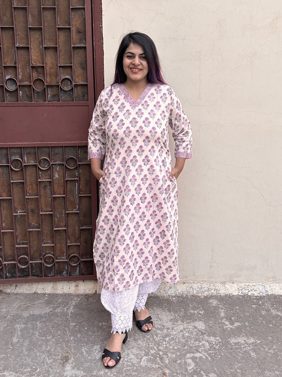 Cosmos Hand Block Printed Kurta with V Neck