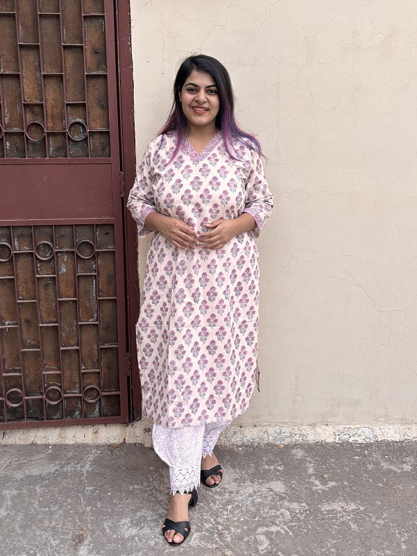 Cosmos Hand Block Printed Kurta with V Neck