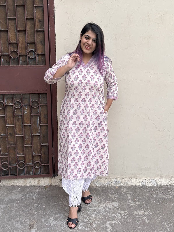 Cosmos Hand Block Printed Kurta with V Neck