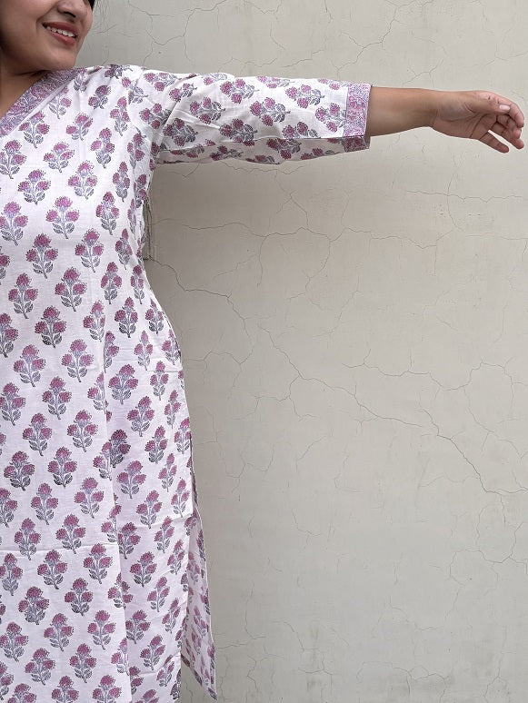 Cosmos Hand Block Printed Kurta with V Neck