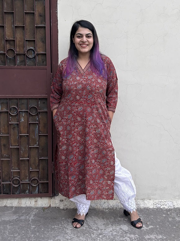 Eesha Hand Block Printed Kurta with V Neck