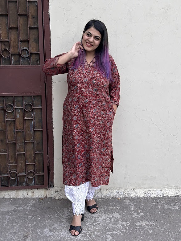 Eesha Hand Block Printed Kurta with V Neck