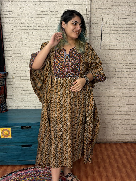 Kashish Zigzag Ajrakh Hand Embroidered Patch Kaftan