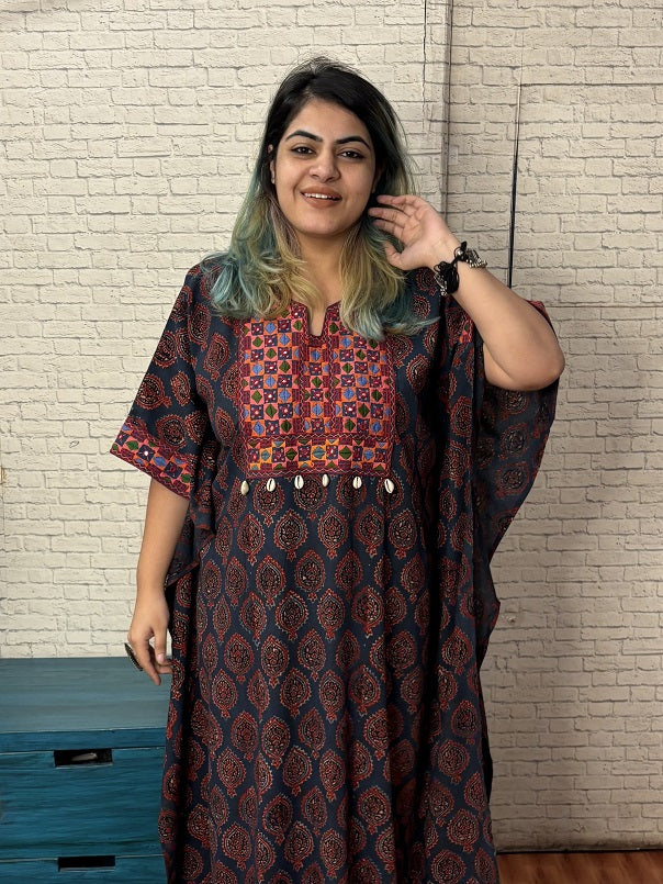 Indigo Ajrakh Hand Embroidered Patch Kaftan