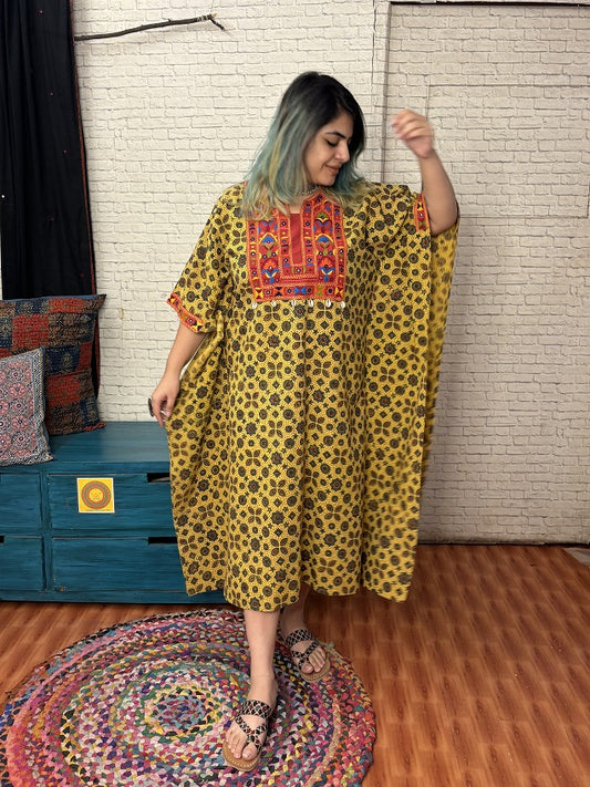 Yellow Red Ajrakh Hand Embroidered Patch Kaftan