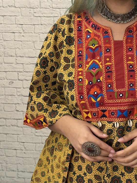 Yellow Red Ajrakh Hand Embroidered Patch Kaftan