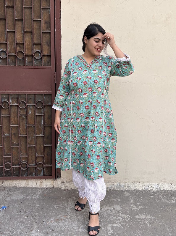 Green Red Hand Block Printed A Line Kurta with Lace Detailing