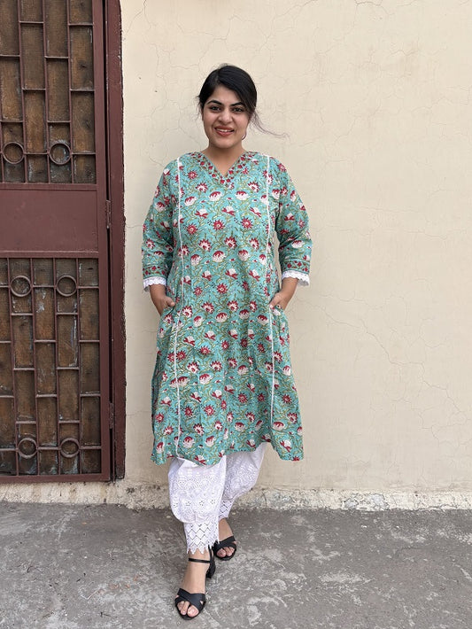 Green Red Hand Block Printed A Line Kurta with Lace Detailing