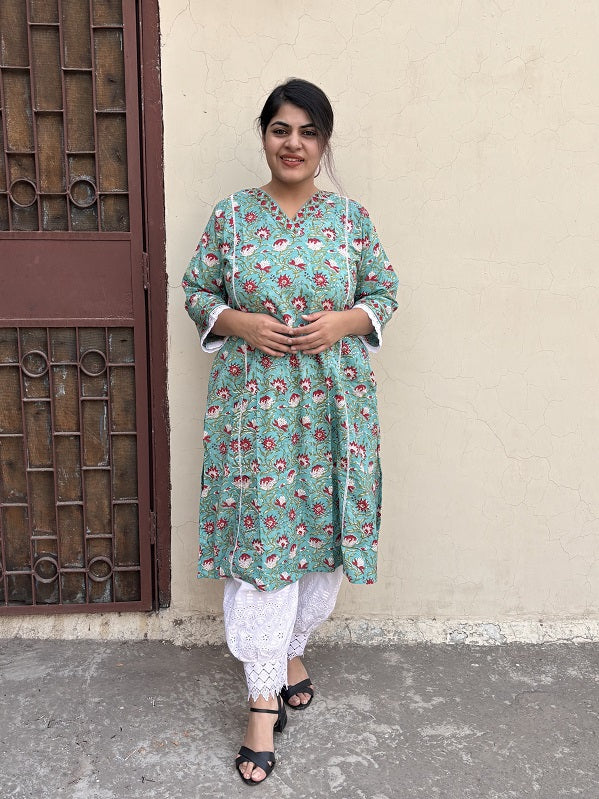 Green Red Hand Block Printed A Line Kurta with Lace Detailing