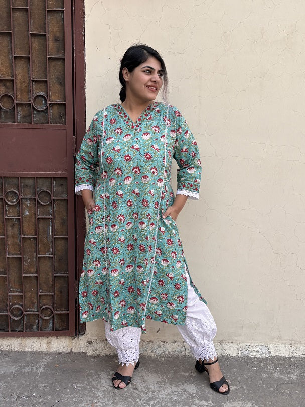 Green Red Hand Block Printed A Line Kurta with Lace Detailing