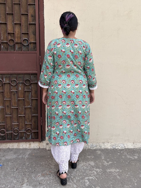 Green Red Hand Block Printed A Line Kurta with Lace Detailing