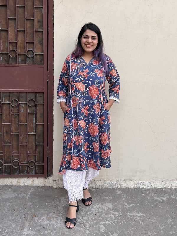 Blue Red Hand Block Printed A Line Kurta with Lace Detailing