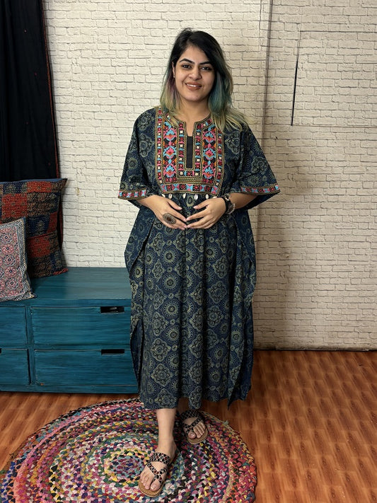 Indigo Green Ajrakh Hand Embroidered Patch Kaftan