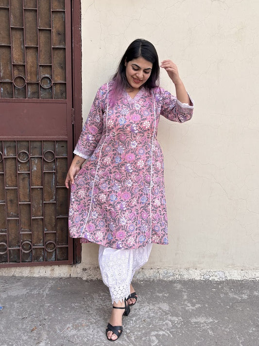 Purple Brown Hand Block Printed A Line Kurta with Lace Detailing