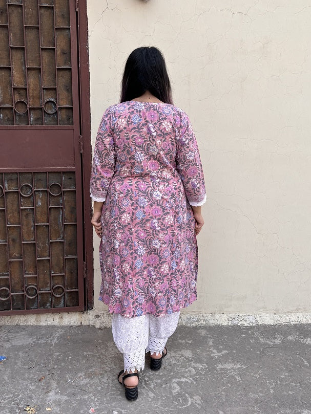 Purple Brown Hand Block Printed A Line Kurta with Lace Detailing