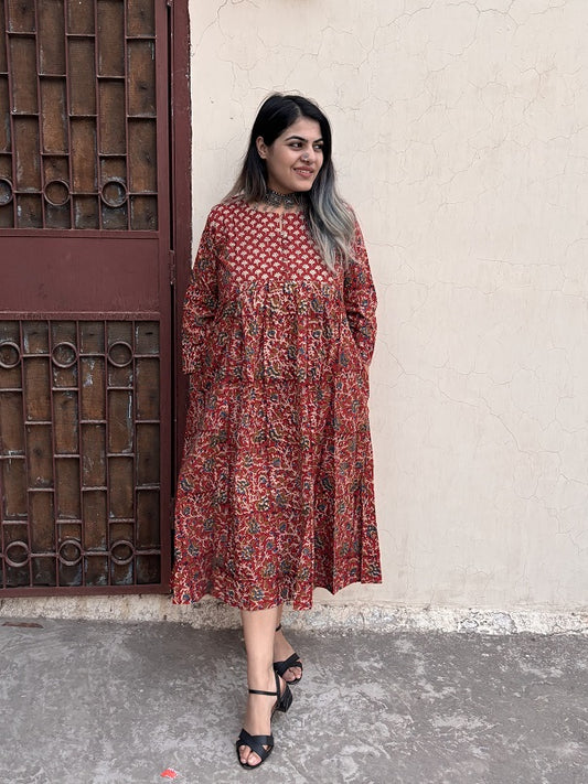 Charvi Hand Block Printed Midi Dress with Gathers