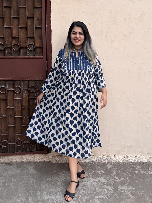 Avni Hand Block Printed Midi Dress with Gathers