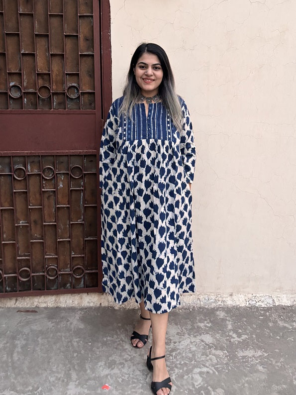 Avni Hand Block Printed Midi Dress with Gathers