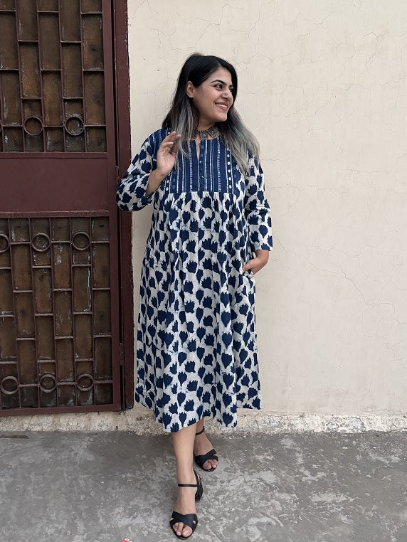 Avni Hand Block Printed Midi Dress with Gathers