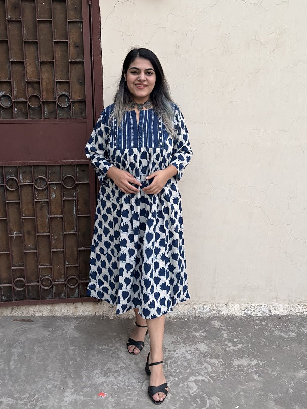 Avni Hand Block Printed Midi Dress with Gathers