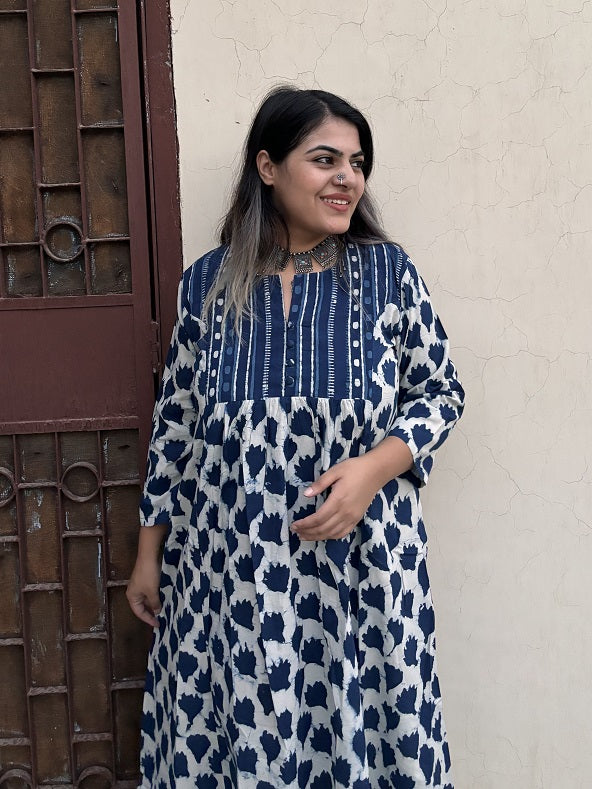 Avni Hand Block Printed Midi Dress with Gathers