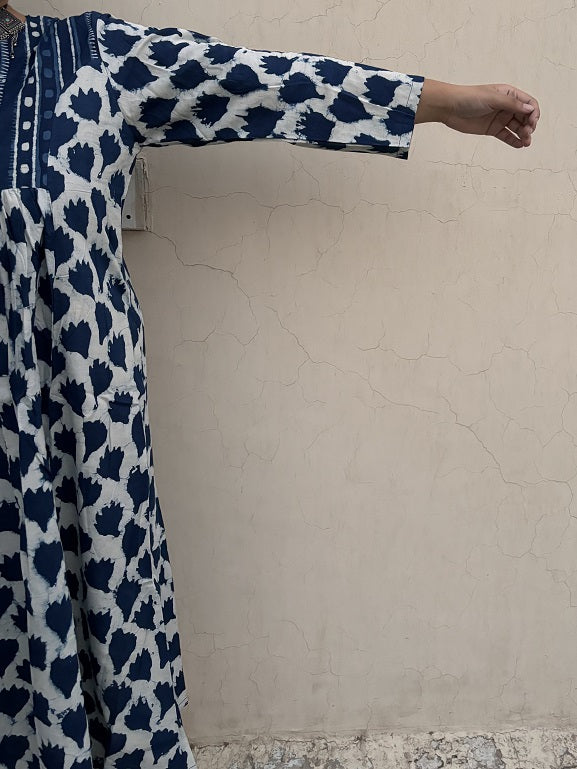 Avni Hand Block Printed Midi Dress with Gathers