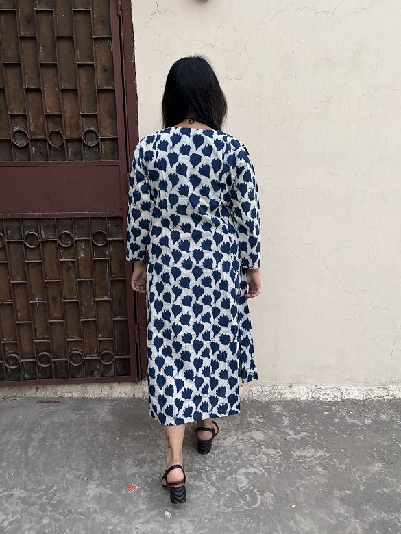 Avni Hand Block Printed Midi Dress with Gathers