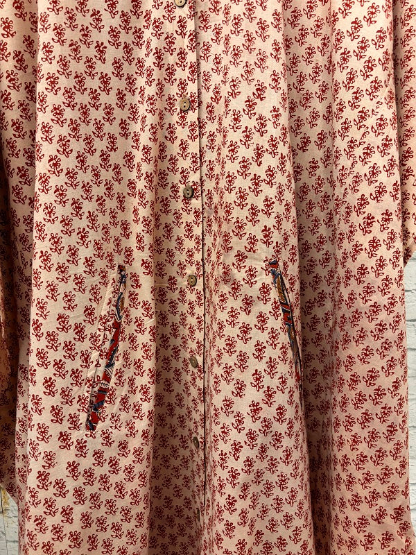 White Red Ajrakh Hand Block Printed High Low Long Shirt Kaftan