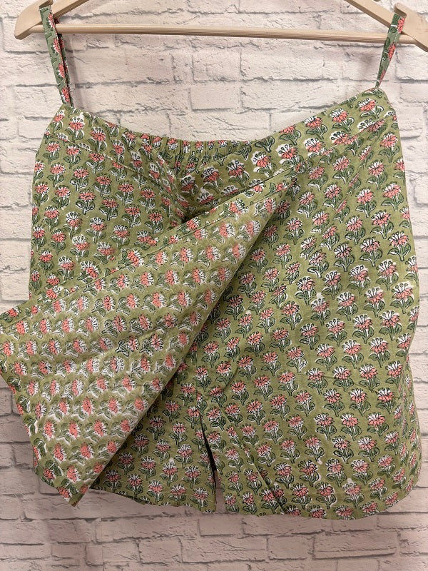 Green Pink Hand Block Printed Skorts