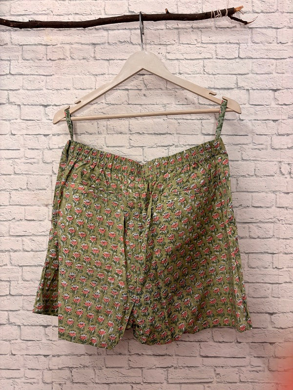 Green Pink Hand Block Printed Skorts